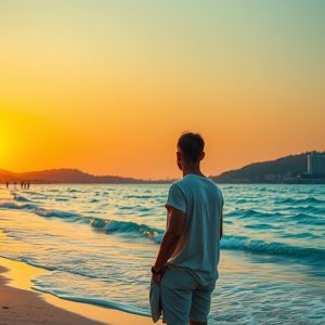 Туристы с чемоданами идут по пляжу на фоне заката.